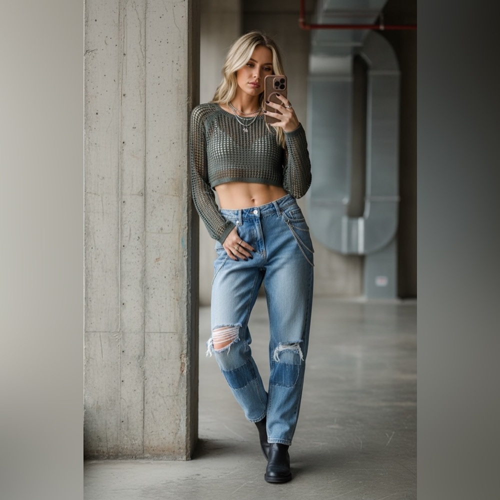 NWT Open Knit Cropped Sweater Crop Top Long Sleeve